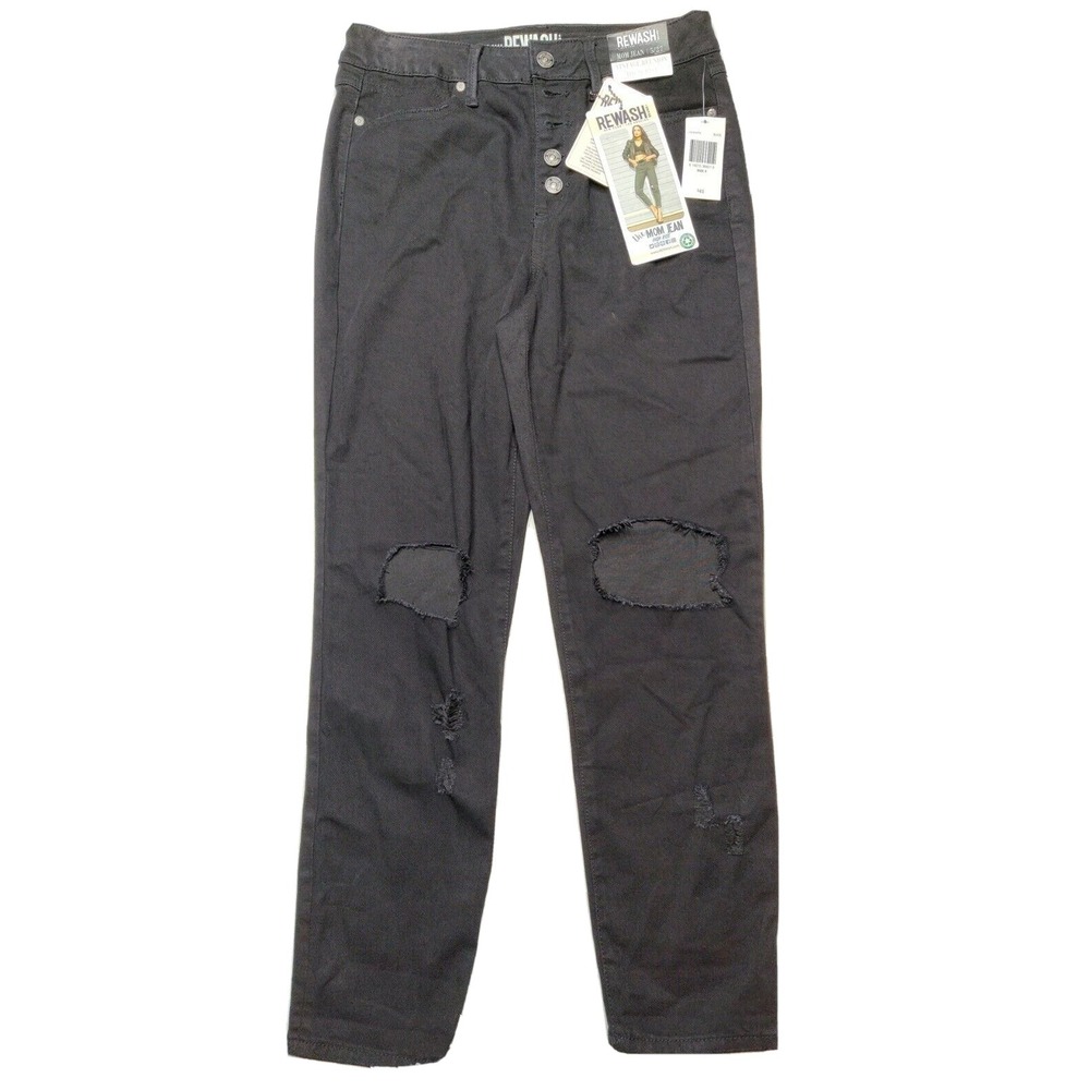 Rewash Women Juniors 5/27 Black Distressed Button Fly High Rise MOM Jeans NEW